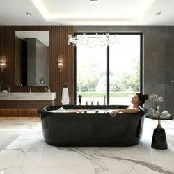 Black Hydrotherapy Whirlpool Jetted Bathtub Indoor Soaking Hot Bath Tub FREESTANDING