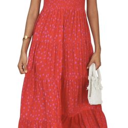 Women's Summer Flowy Maxi Dress Casual Cap Sleeve V Neck Smocked Beach Sundress