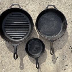 Vintage Cast Iron Lodge Skillet Frying Grill Pans PRICE IS FOR ALL 3