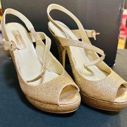 INC International Concepts Gold Glitter Slingback Heels Used Size 6.5