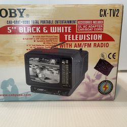 Coby CX-TV2 5" Portable Black & White Television  with AM/FM Radio Car Boat Home