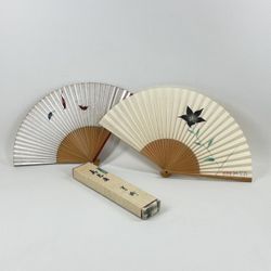 Pair of Japanese Vintage Hand Painted Paper Fans