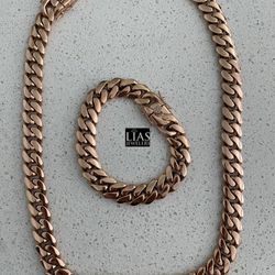 Brand new 18k Rose Gold Filled Cuban Link Chain And Bracelet Set  