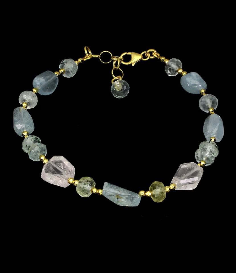 Natural Aquamarine & Quartz Gold Bracelet 925