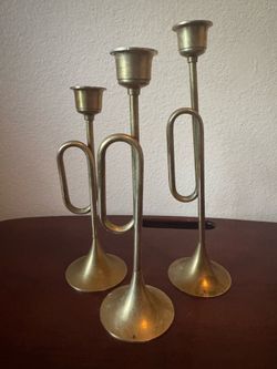 Vintage Set of 3 Brass Trumpet/Bugle Candle Holders