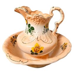 Antique 1930s Ironstone ENGLAND Signed Large Floral Water Pitcher & Wash Basin