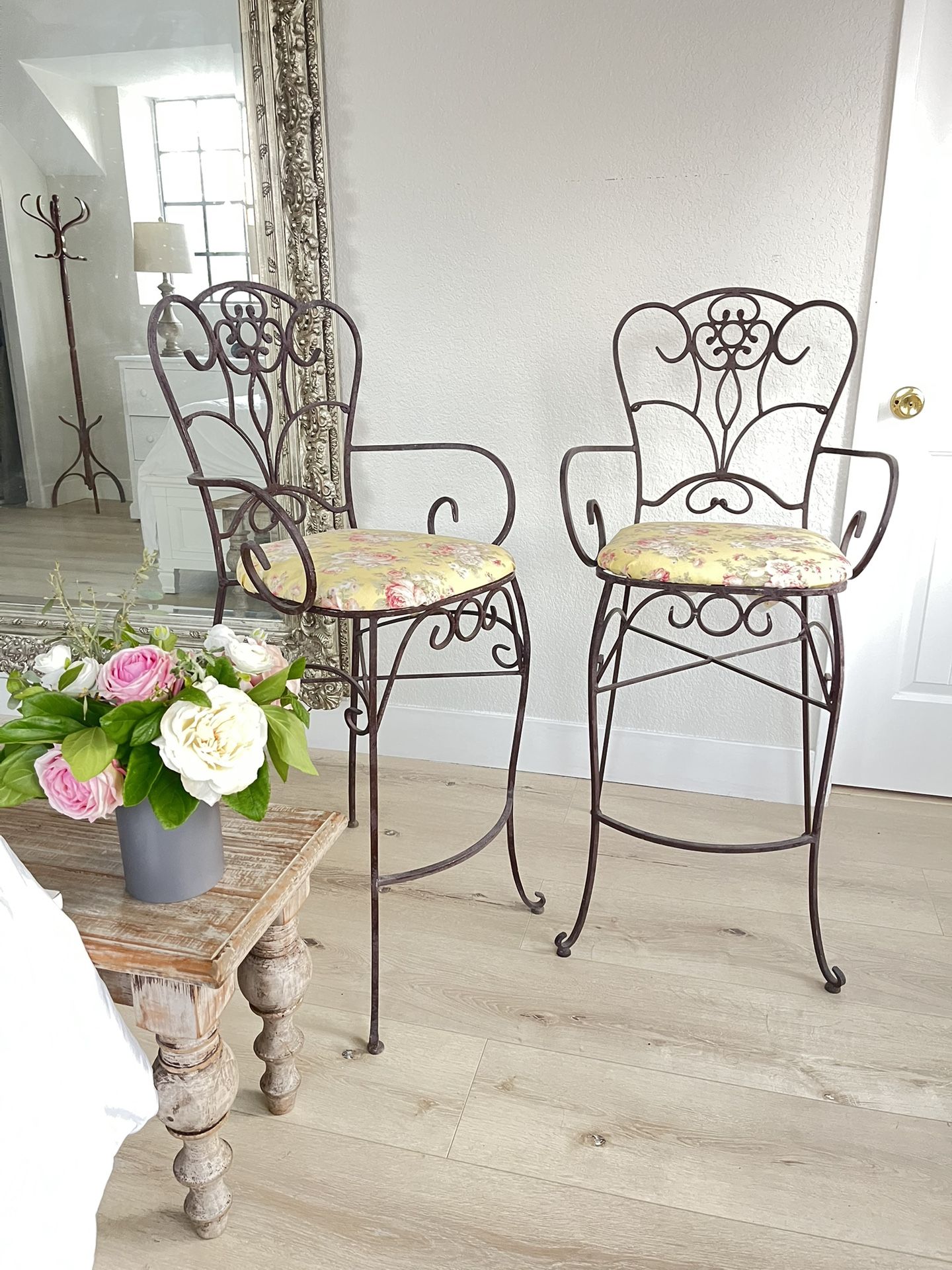 PAIR of Vintage Wrought Iron Bar Stools/ High Top Chairs Solid Iron.