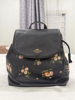 Coach Floral Leather Backpack Purse – Black & Gold – Excellent Condition
