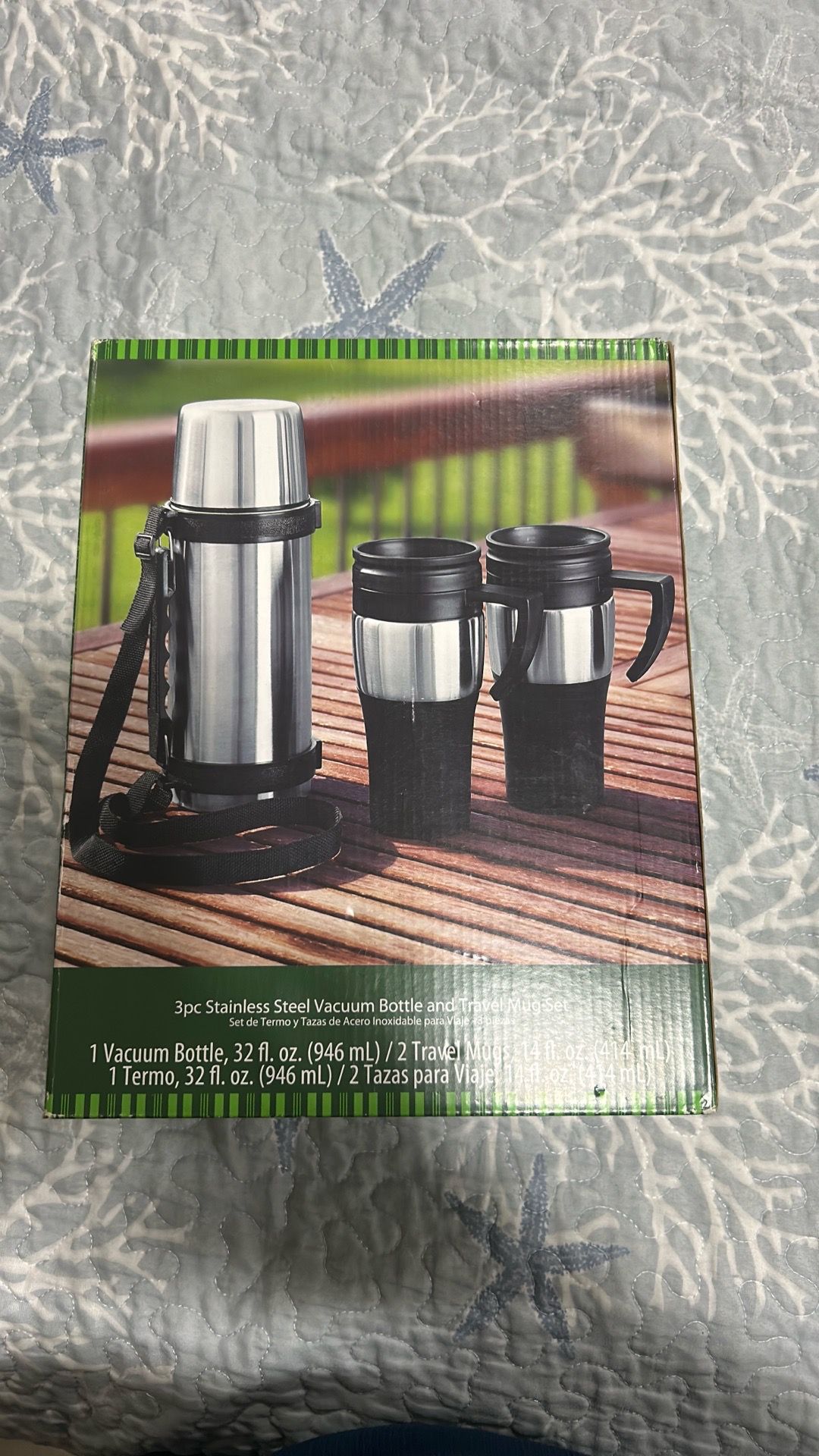 Stainless steel vacuum bottle and travel mug set