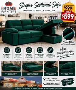 Reversible sectional w storage chaise in green velvet