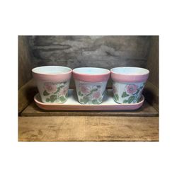 Vintage Ceramic Flower Pots with Tray, Pink Floral Design, Set of 3 Planters