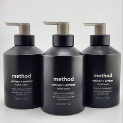 ✅ Pack of 3 Method Gel Hand Soap, Vetiver + Amber, Reusable Black Aluminum Bottle, 12 oz