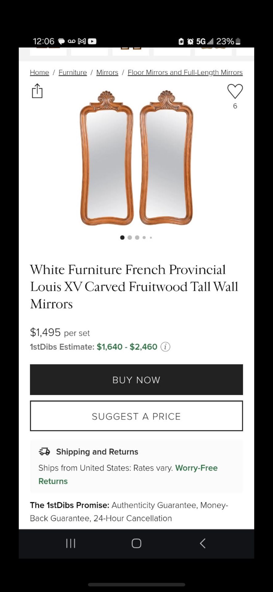 White Furniture French Provincial Louis XV Carved Fruitwood Tall Wall Mirrors