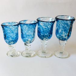 4  Handblown Mexican Glass Style Cordial Wine Goblets Tulips