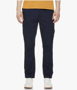     Amazon Essentials Men's Straight-Fit Stretch Cargo Pants in a navy blue cotton blend material