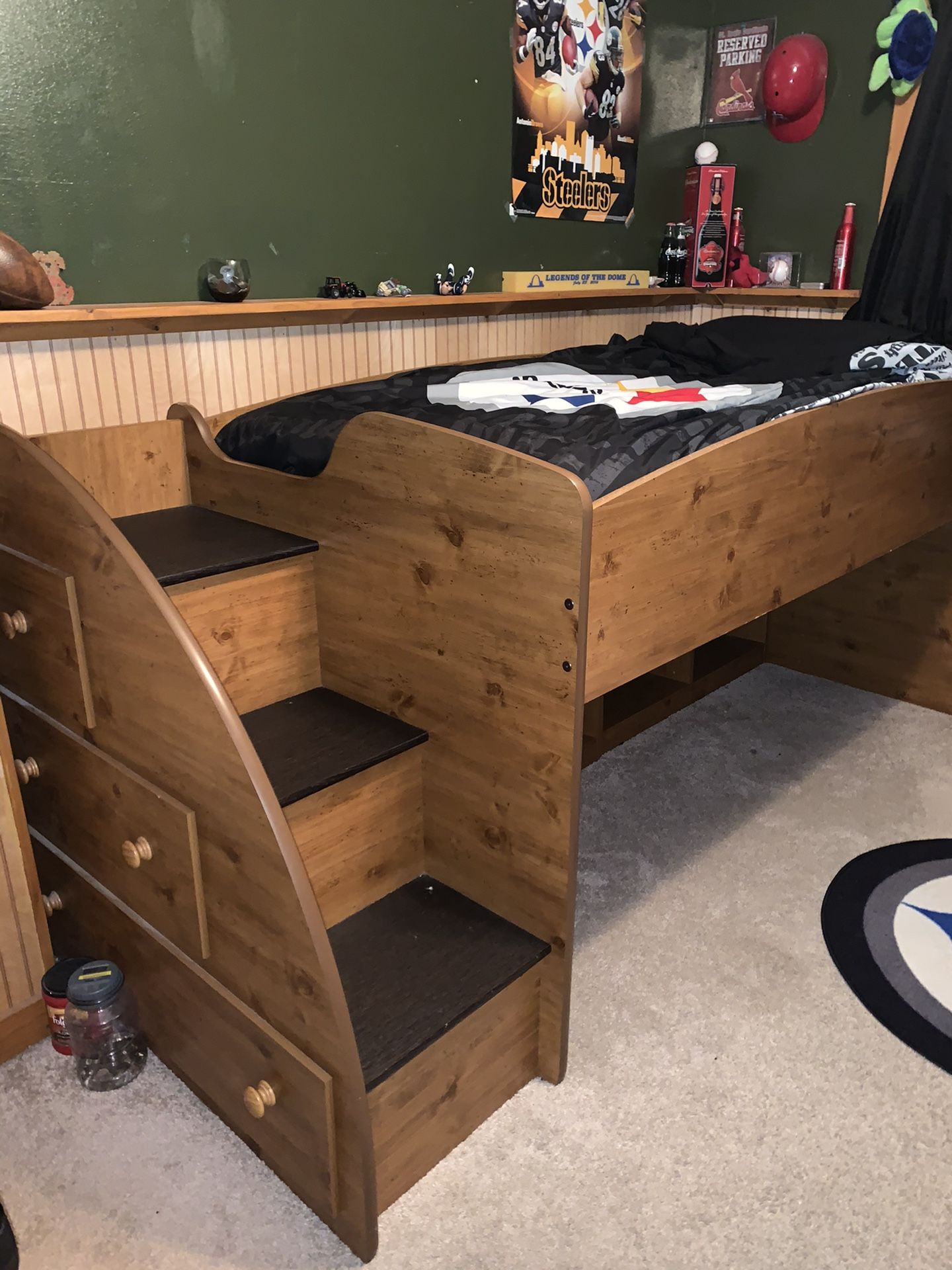Loft twin bed, includes mattress, stairs with drawers, shelves underneath, dresser with mirror