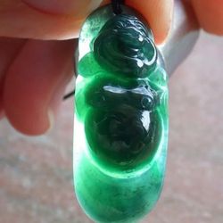 Certified Jadeite #100926 Jade Hand Carved Green Pendant Laughing Buddha God Cloth Bag Monk 