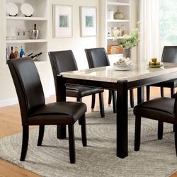 URBAN MODERN DARK WALNUT / IVORY MARBLE TOP 7 PIECE DINING TABLE SET - MESA MARMOL SILLAS