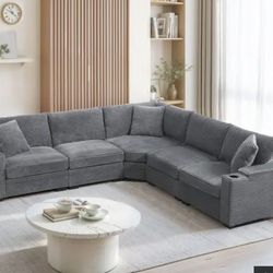 Grey Corduroy Sectional Couch w/ Cupholders and Storage!