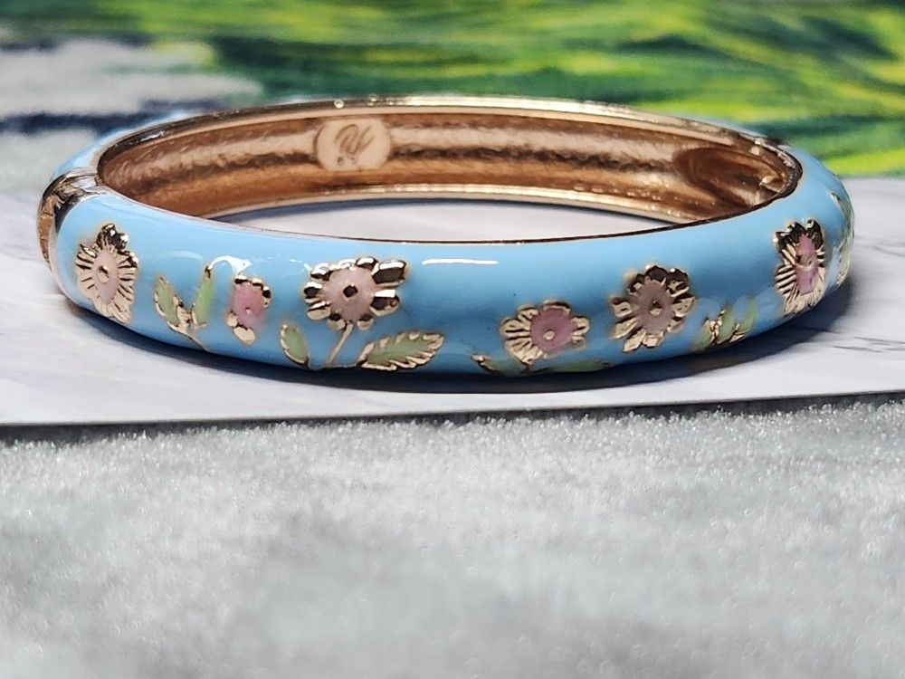 Blue Floral Enamel Rose Gold Plated Bangle