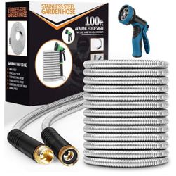 Garden Hose 100ft, Stainless Steel Heavy Duty Water Hose with 10 Function Nozzle Flexible, Lightweight, No-Kink, Pet Proof, Puncture Proof Metal Hose 