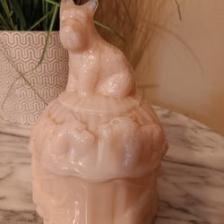 $70 Rare Akro Agate Scottie Dog Powder Jar Pink Milk Glass Dresser Box. Beautiful Piece 