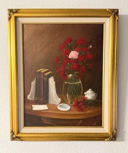 Original Signed Still Life Oil Painting - Gold Framed Floral Artwork (18" × 22")