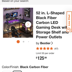 Bestier 52in L-Shaped Black Carbon Fiber LED Gaming Desk