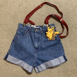 NWT Levi's Pokemon High Rise Loose Fit Shorts Suspenders Misty Cerulean Size 27