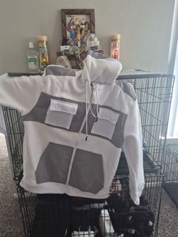 White and Gray Zip-Up Hoodie with Pockets
