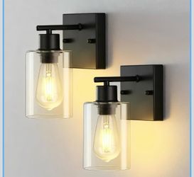 2-Pack Wall Sconces for Bathroom, Matte Black Vanity Lights, Modern Wall Light Fixture with Clear Glass Shade, Farmhouse Wall-Mount Lighting Lanterns,