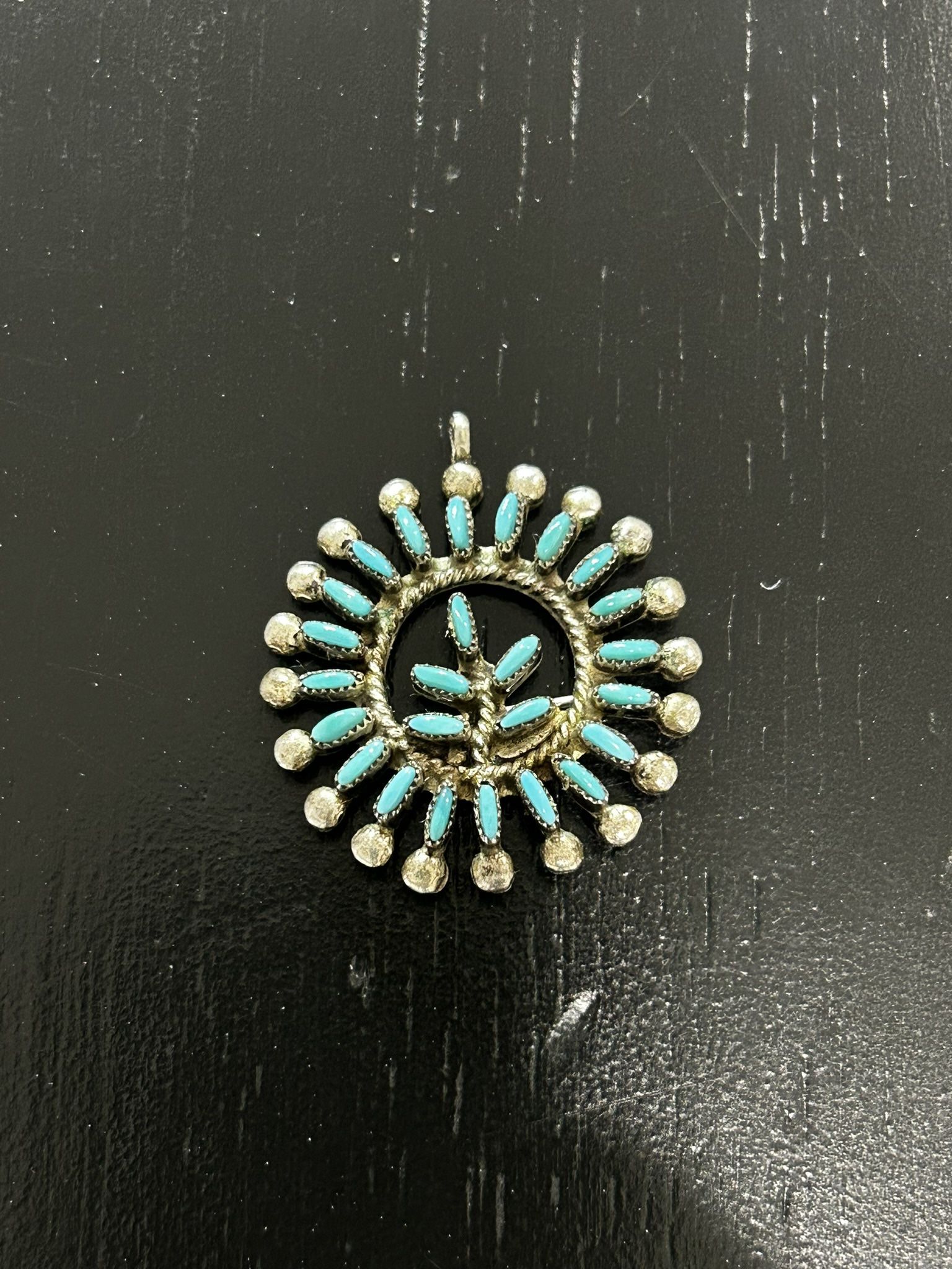 Vintage Zuni Petit Needlepoint Sterling Silver Turquoise Pin Pendant Brooch 