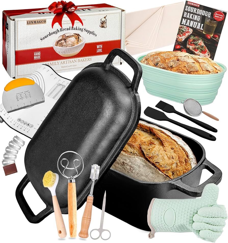 Dutch Oven for Bread Baking-Sourdough Bread Baking Supplies Starter Kit, 11" Oval Bread Proofing Basket 3.6QT Oval Cast Iron Pot Bread Pan with Lid