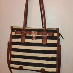 Black and White Striped Tote Bag with Brown Accents
