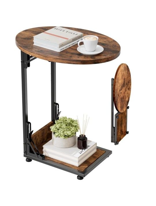 Elbourn Folding Side Table End Couch Tables,Metal Frame C-Shaped TV Stand for Sofa Living Bedroom Bedside Coffee Small Spaces(Vintage Wood Color)