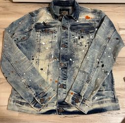 Copper Rivet Denim Jacket + Slim Fit Jeans Set (Matching, Paint Splatter Style)