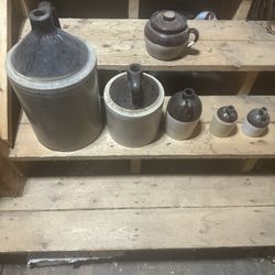 Various Antique, Two Tone, Stoneware Jugs, And Bean Pot