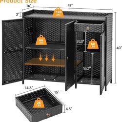 Outdoor Storage Cabinet, Rattan Outdoor Cabinet Storage Weatherproof, Wicker Patio Bar Table with Two Doors, Adjustable Shelves & Drawer, Storage Box 