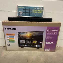 NEW/OPEN BOX 43” SAMSUNG 4K SMART UHD LED TV + BRAND NEW WALL MOUNT + ONN SOUNDBAR -
