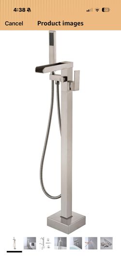 Wowkk Freestanding Bathtub Faucet Waterfall Tub Filler Brushed Nickel Floor Mount Brass Single Handle Bathroom Faucets with Hand Shower
