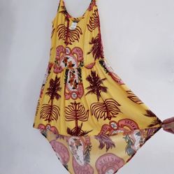 Women's summer V Neck hight and low dress. Organic cotton yellow prented summer dress. 
