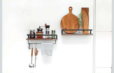 URBANITURE Set of 2 Floating Wall Shelves with Towel Bar & Hooks – Dark Brown 16”