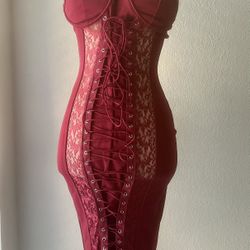 Burgundy Satin Lace Corset Midi Dress Size M Party Cocktail