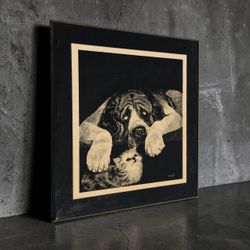 Vintage 1976 Rudy Droguett Dog & Kitten Wall Art Signed Acrylic Plaque 14x16