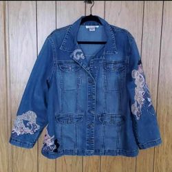 Vintage Silhouette Denim Jean Jacket Floral Embroidery Wmns 16