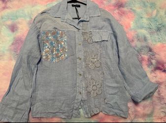 Crochet Flower 3/4 Sleeve Top - Blue