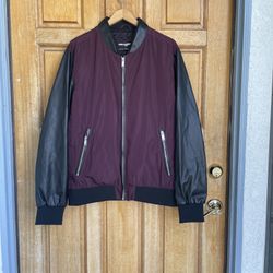 Karl Lagerfeld Burgundy Black Colorblock Quilted Padded Bomber Jacket L