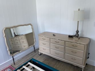 Headboard, and 2 dressers and matching Mirror. Light color, super easy sliding drawers.