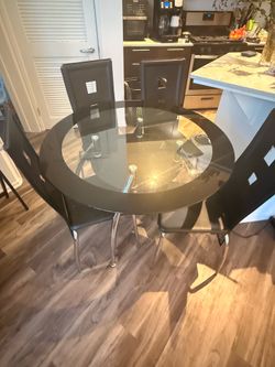 Round Glass Dining Table Set with 4 Chairs – Modern Black & Chrome