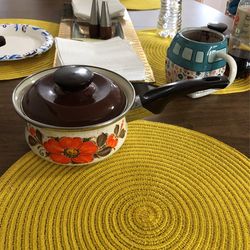Vintage MCM- Sanko Ware SHOW PANS Saucepan Floral Orange Enamel- Retro